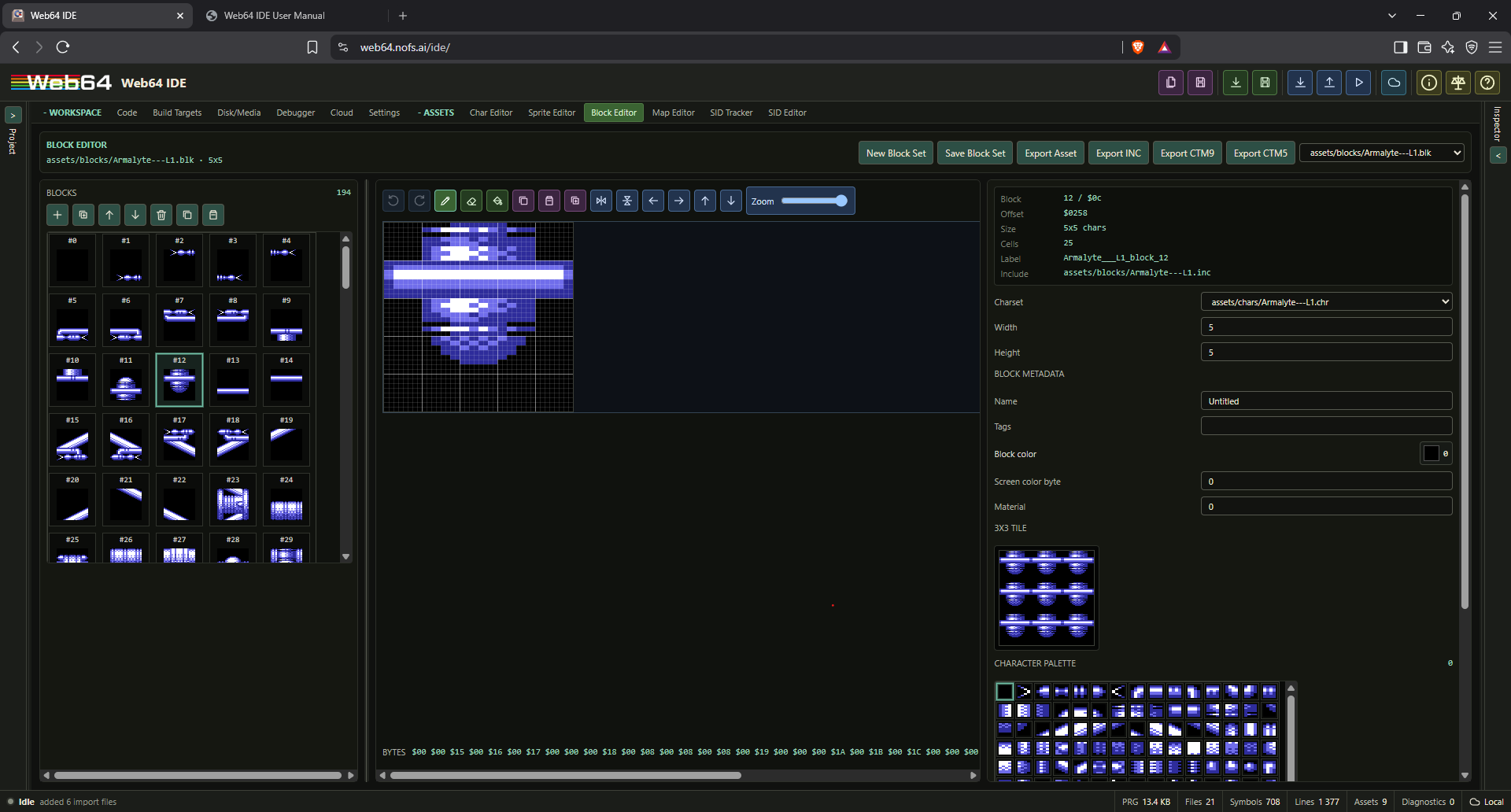 Block Editor with block browser, character-composition canvas, tile preview, metadata, palette, and generated include
