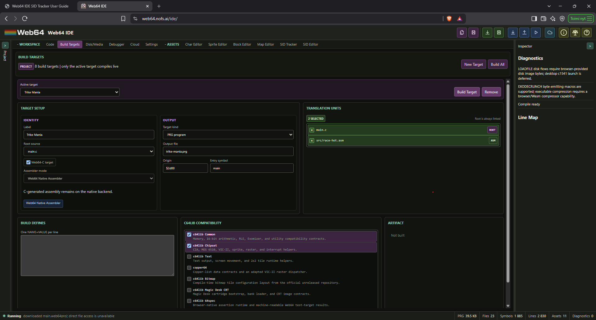 Build Targets tab showing target identity, artifact kind, source root, compatibility mode, library roots, and translation units