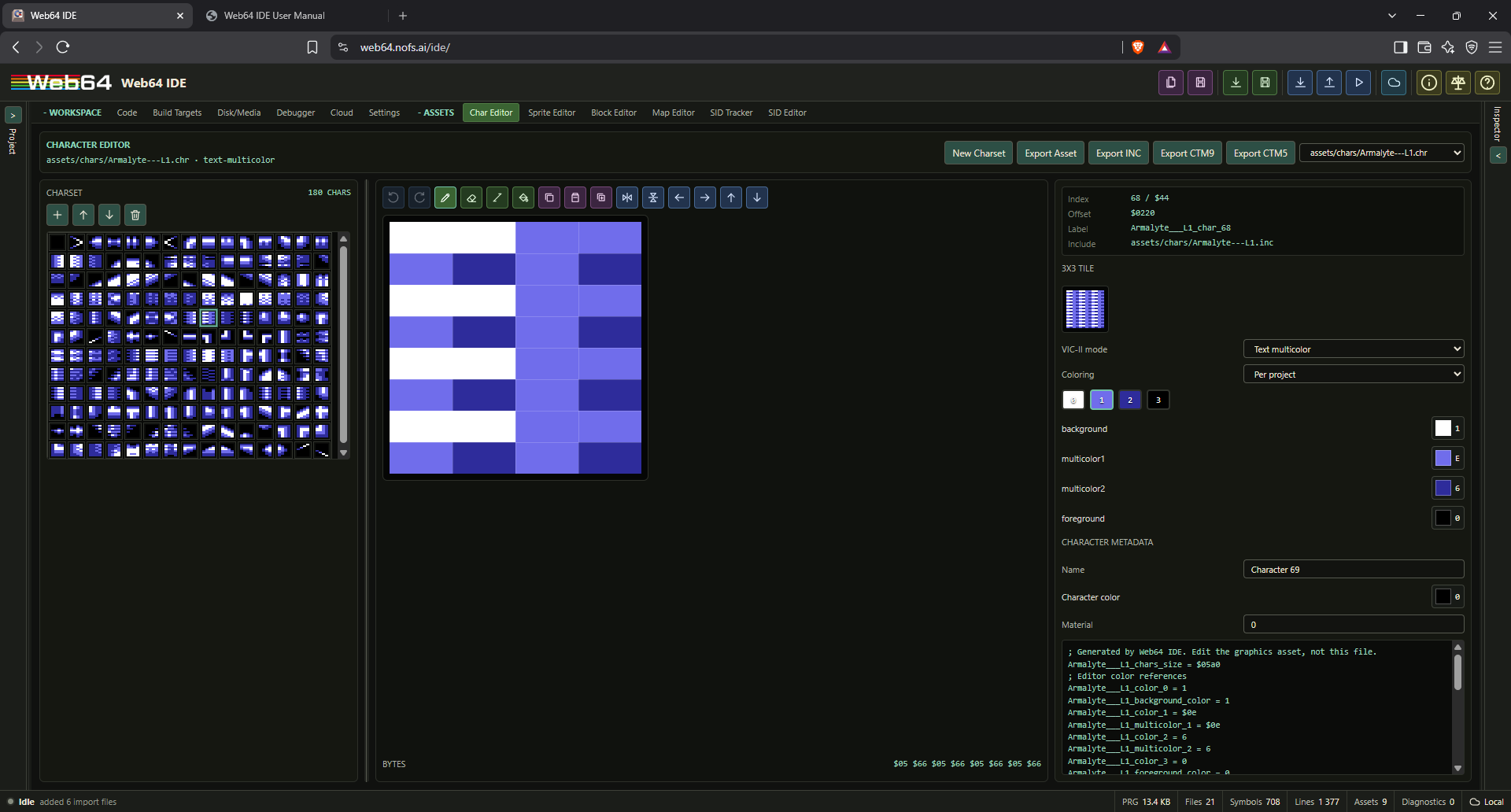 Character Editor with charset browser, pixel editor, tile preview, VIC-II mode, colors, metadata, and generated include