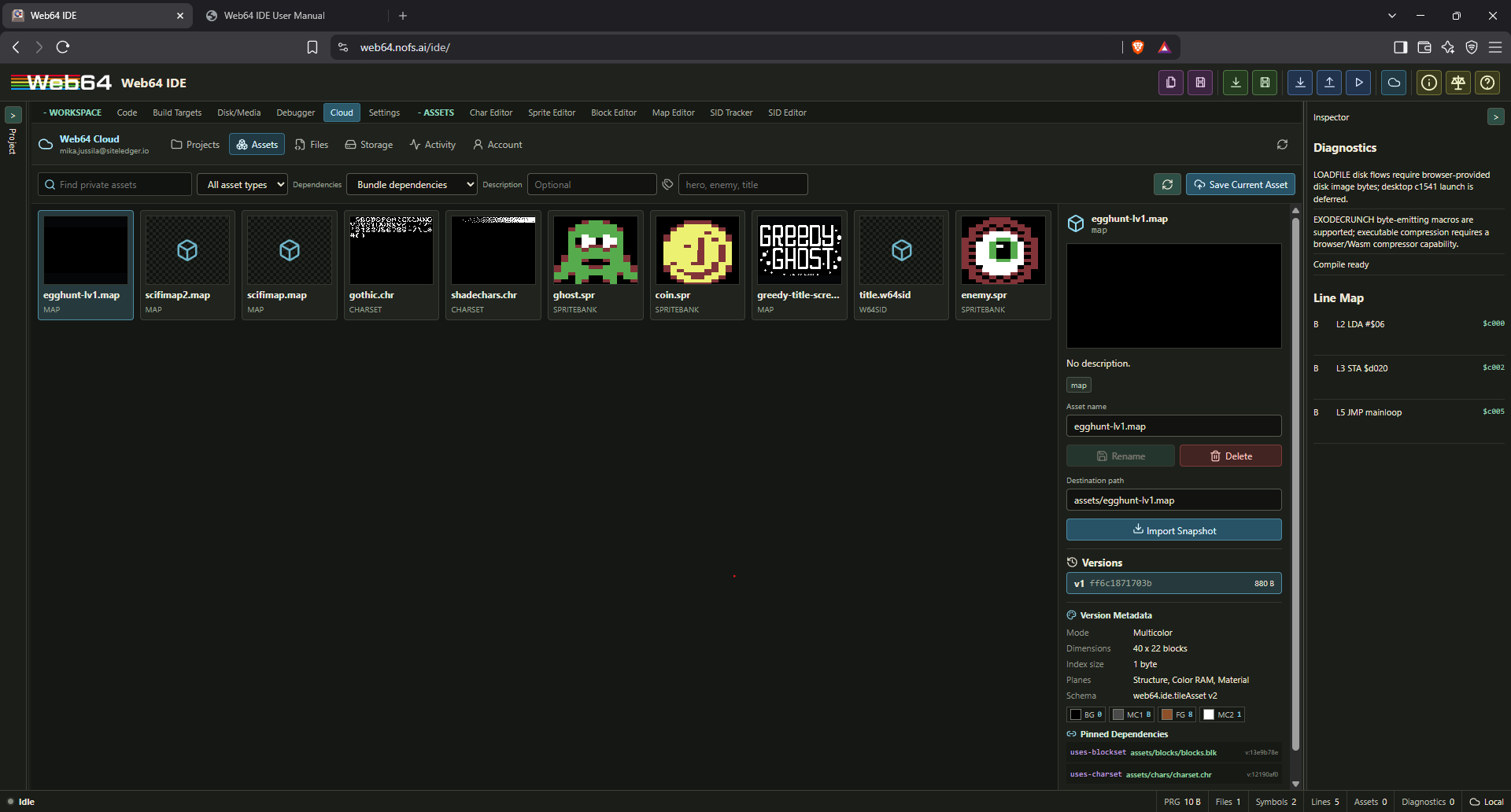 Web64 Cloud Assets view with private asset thumbnails, version metadata, dependencies, and import controls