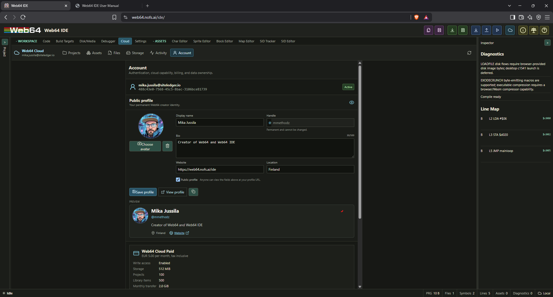 Web64 Cloud Account view with public profile fields, avatar, preview, and plan information
