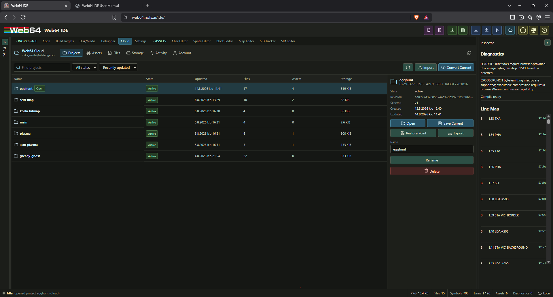 Web64 Cloud Projects view with project table, metadata, save, restore, export, and deletion controls