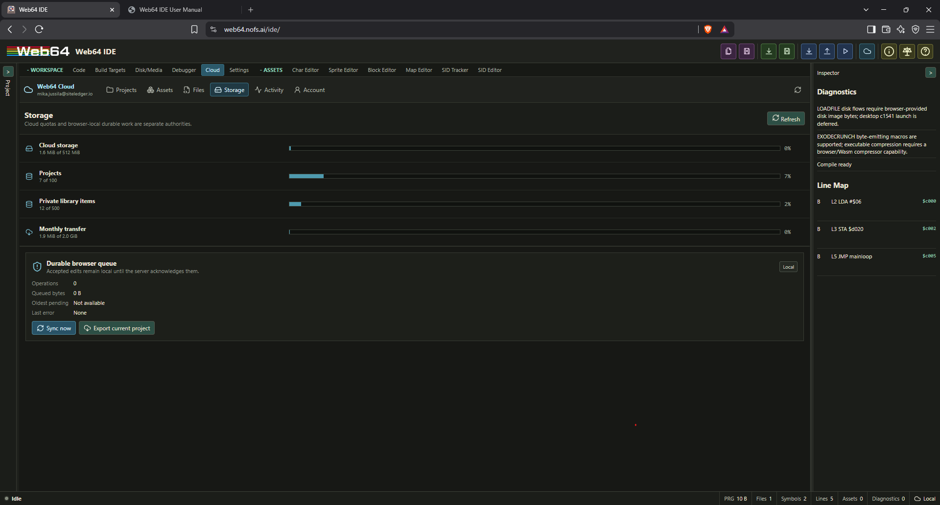 Web64 Cloud Storage view showing quotas, transfer, and the durable browser queue