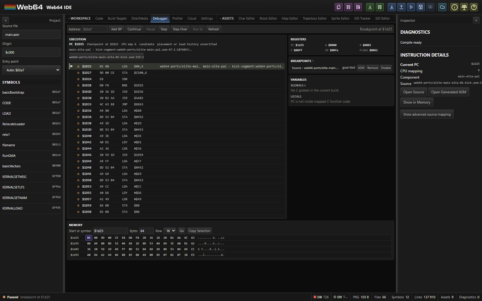 Debugger paused in Elite game code, showing live instructions, original source, breakpoint cause, registers, and memory