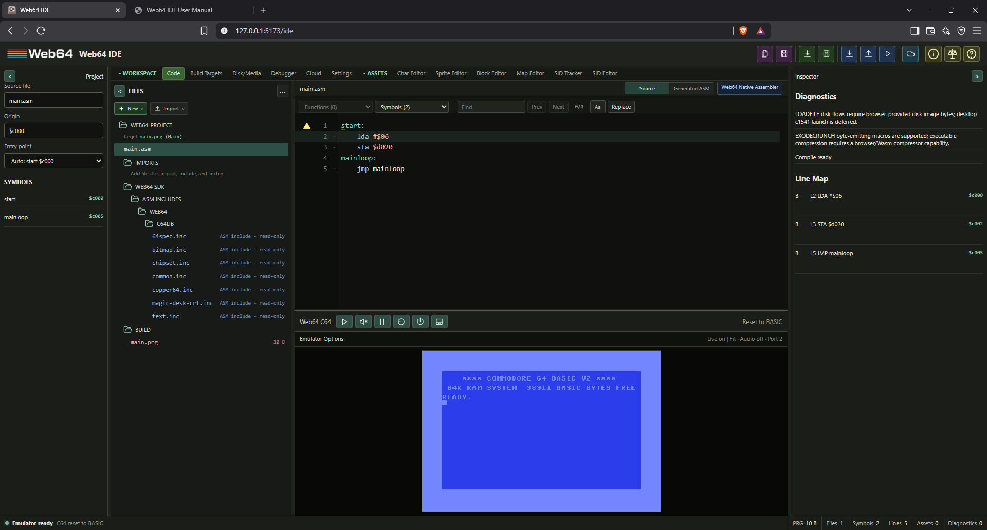 Web64 IDE Code workspace showing the project tree, assembly editor, emulator, diagnostics, and line map
