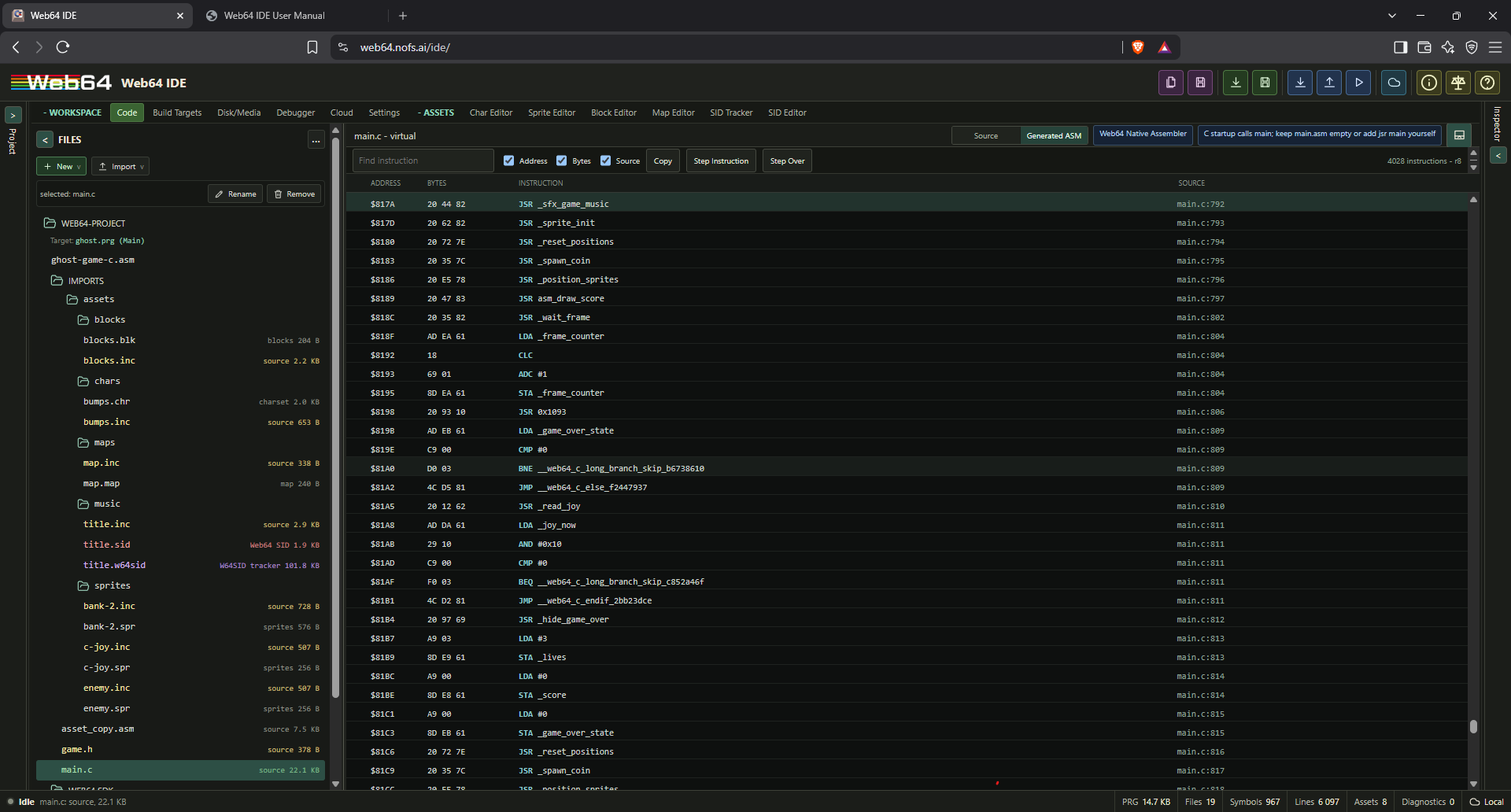 Generated Assembly machine view with addresses, encoded bytes, instructions, source provenance, and active runtime row