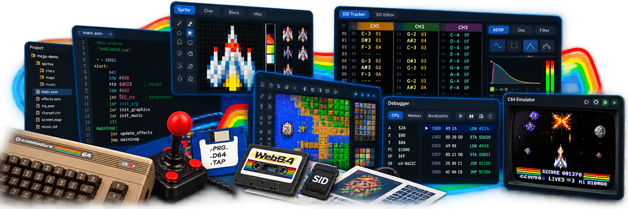 Web64 IDE collage featuring source editing, sprite and map tools, SID tracking, debugging, Commodore 64 media, and the embedded emulator