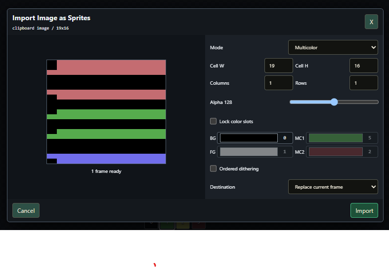 Import Image as Sprites dialog with mapping mode, sheet cells, colors, transparency, dithering, and destination