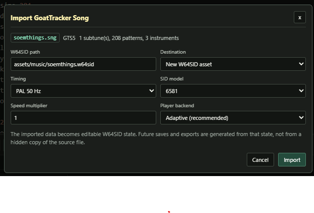 GoatTracker import dialog with source summary, destination, timing, SID model, speed multiplier, and backend