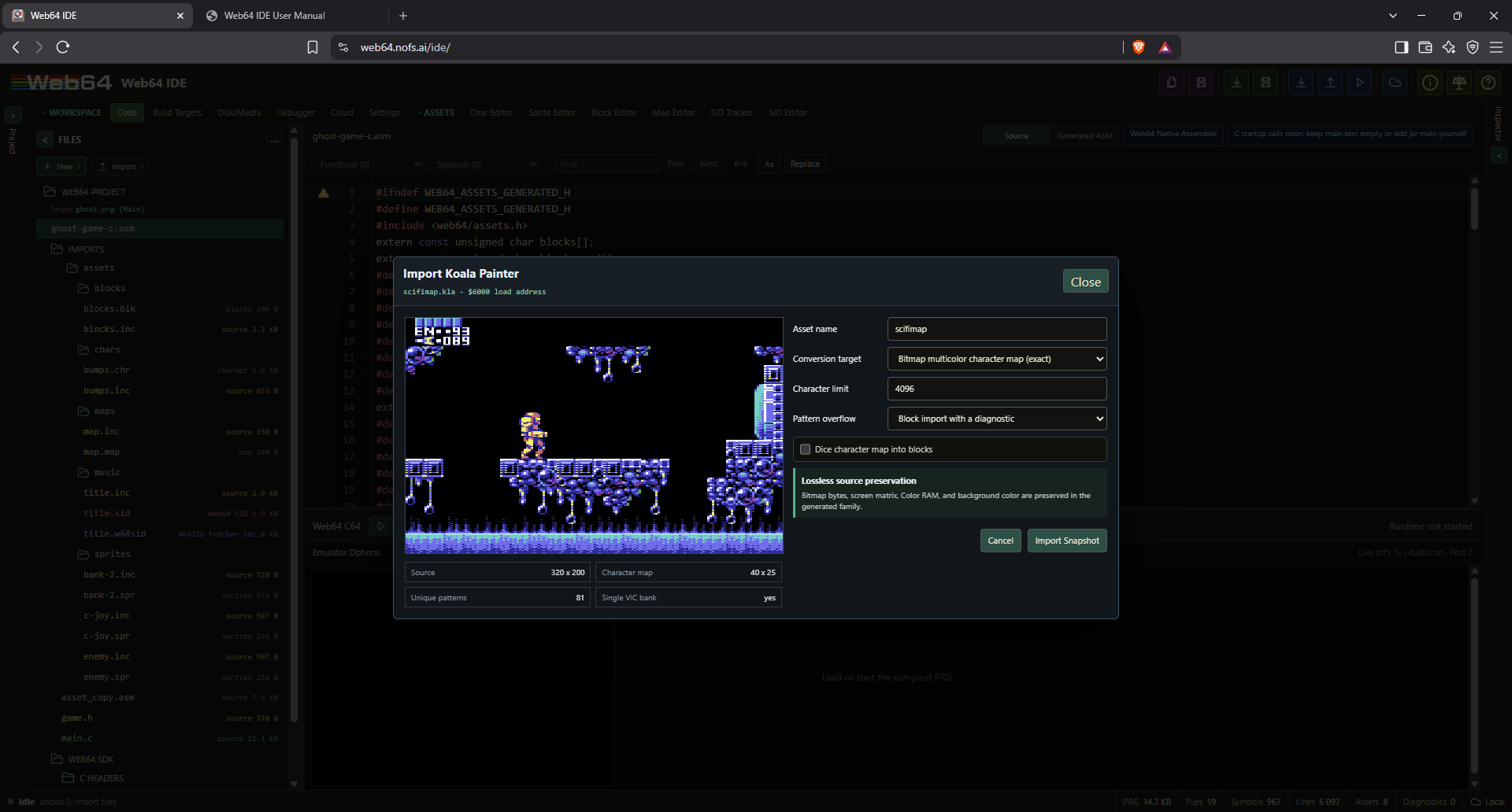 Import Koala Painter dialog with source preview, conversion target, character limit, overflow policy, and block derivation