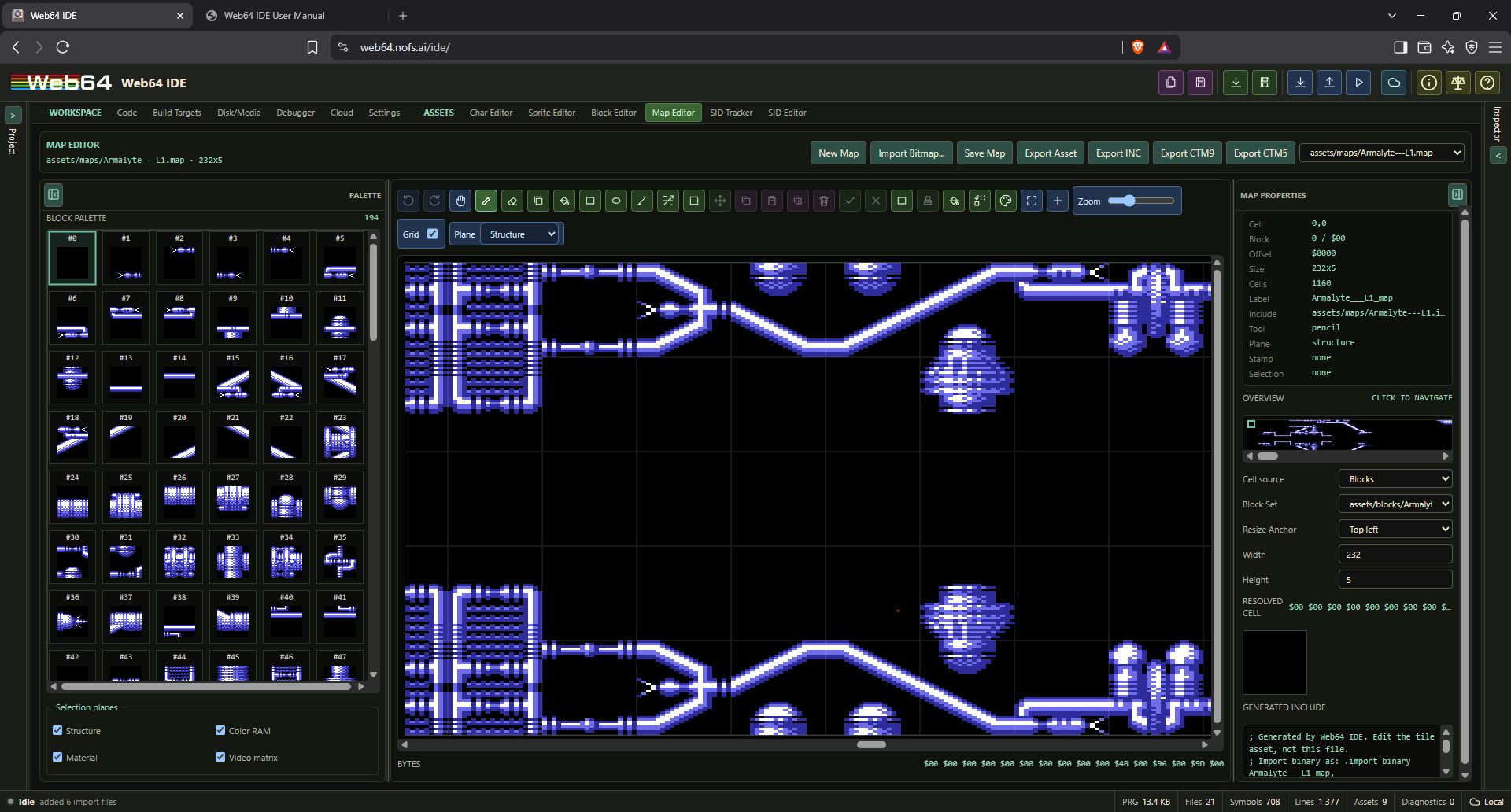 Map Editor with block palette, map canvas, structure plane, overview, dependency selection, and generated include