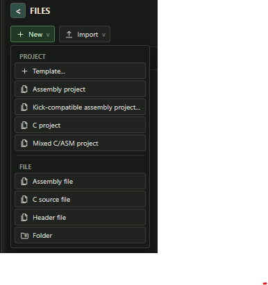 Project tree New menu with project presets, files, folders, and generated asset families