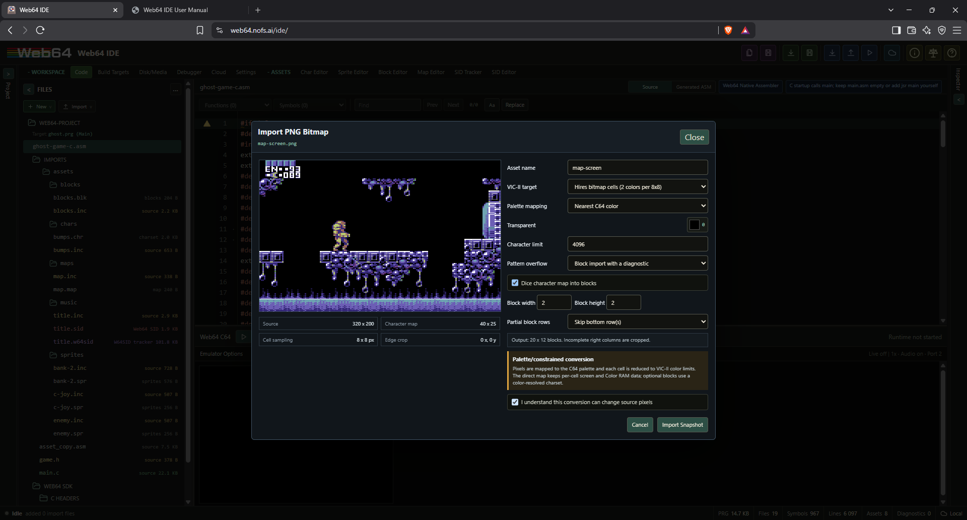 Import PNG Bitmap dialog with VIC-II target, palette mapping, cell and block conversion, preview, and lossy-conversion confirmation