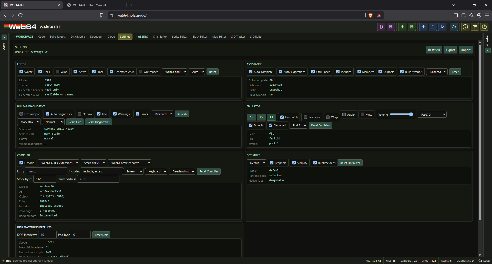 Web64 IDE Settings tab with editor, assistance, diagnostics, emulator, compiler, optimizer, and disk defaults