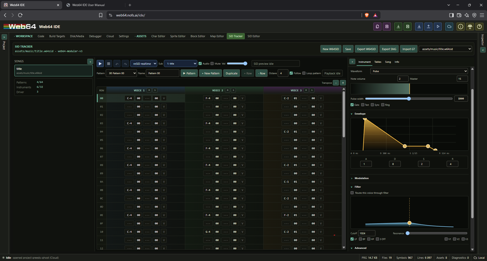 SID Tracker with song list, three-voice pattern editor, playback controls, and graphical instrument envelope and filter editors