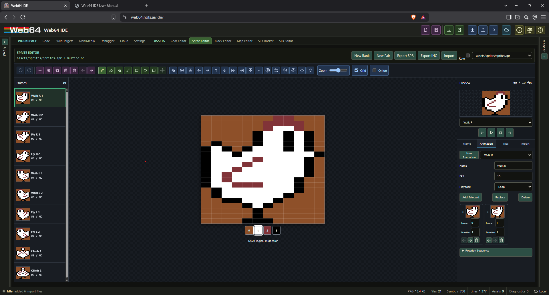 Sprite Editor with animation frames, pixel canvas, drawing toolbar, preview, and animation sequence
