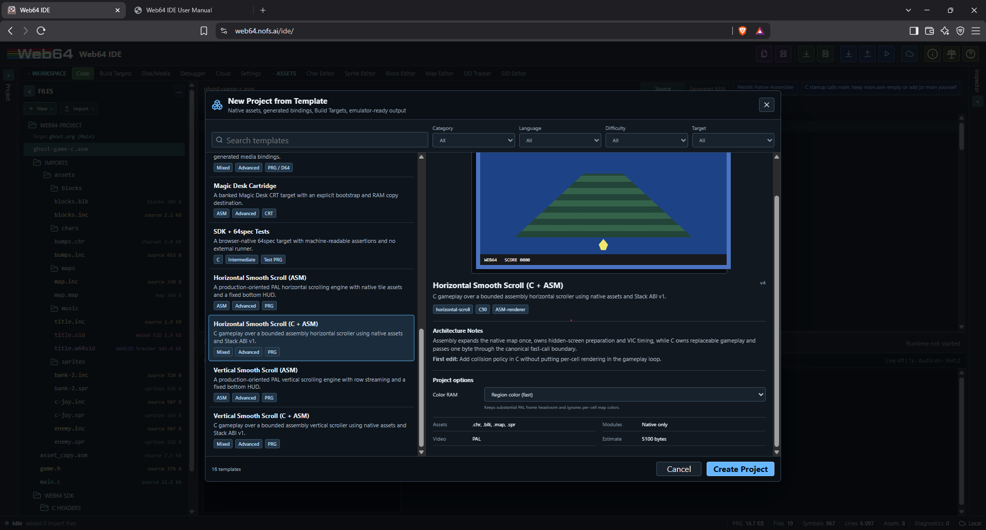 New Project from Template dialog with catalog filters, template list, architecture summary, and creation options